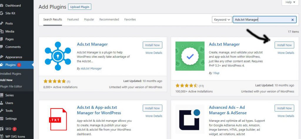 Click install on Ads.txt Manager box then click activate