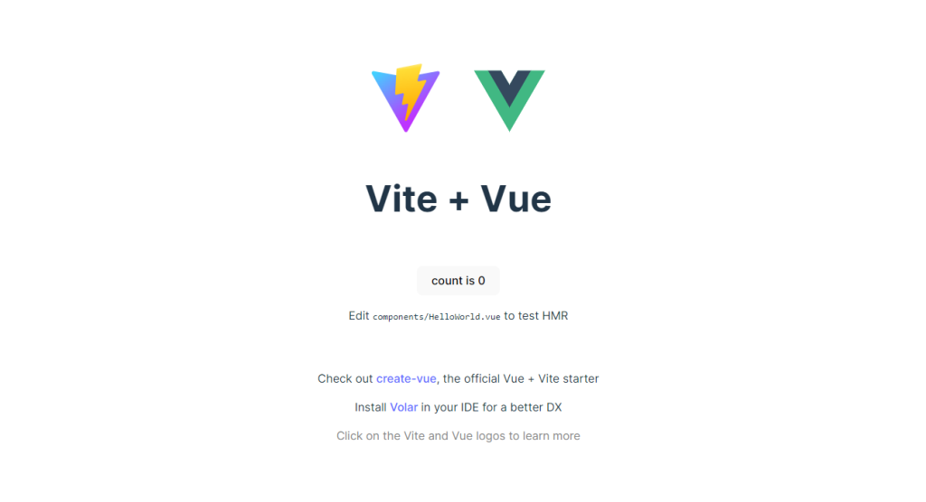 Vite and Vue 3 home page in development  server