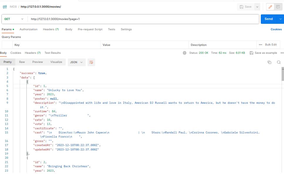postman test to get movies by sequelize